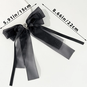 Detail showing dimensions of large black ribbon bow hair clip with rhinestone heart