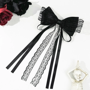 Fermaglio per capelli con fiocco in pizzo nero stile Gothic Lolita e nastri lunghi