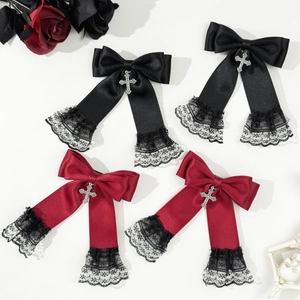 Gothic Lolita Ribbon Bow Hair Clip For Women Black Lace Cross Pendant Dark Sweet Cool Style Handmade Hair Accessories