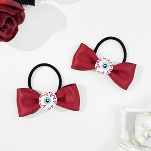 Gothic Halloween eyeball bow hair ties set with dark red satin and black elastic bands