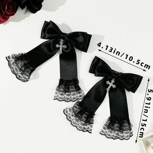 Detail of gothic lace bow hair clips with silver cross charms and ribbon dimensions