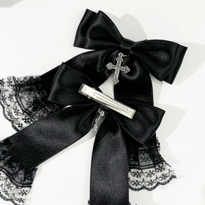 Gothic black satin bow hair clip with lace trim and silver cross pendant ornament