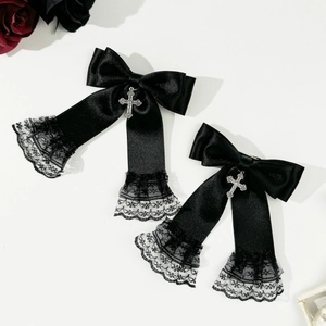 Gothic black satin hair bows with silver cross pendants and delicate lace edges