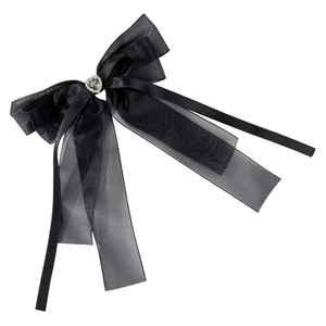 Elegant black mesh bow hair clip with rhinestone heart center for women's hairstyle