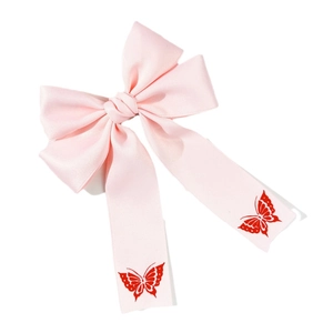 Rosa Satin Schleifen-Haarspange mit langen Bändern und roten Schmetterlingsdrucken