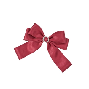 Elegant wine red satin bow hair clip with sparkling rhinestone ring on white background