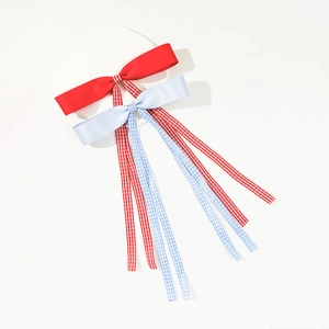 Sweet plaid ribbon bow hair clip in red and blue satin fabric for girls and women