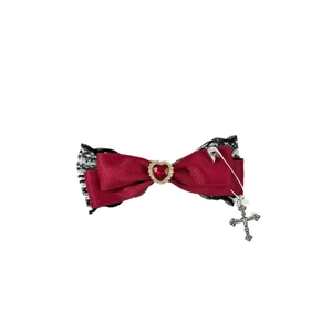 Gothic red satin bow hair clip with heart gem, black lace and silver cross pendant