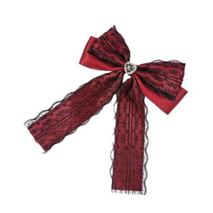 Gothic wine red bow hair clip with black lace trim and rhinestone heart center