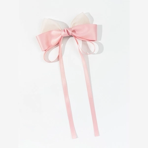 Pink satin and beige mesh bow hair clip with long elegant ribbons for women
