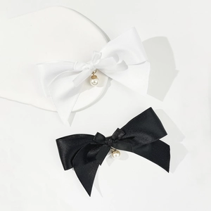 Elegant Satin Bow Hair Clip With Faux Artificial Pearl Pendant Vintage Duckbill Clip Fashion Hair Accessory For Women