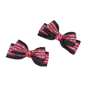 Retro bow hair clips with navy denim fabric and burgundy printed ribbon detail