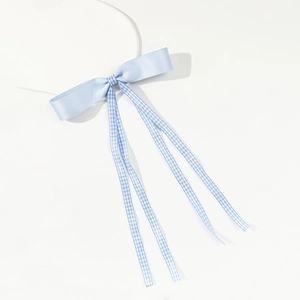 Light blue plaid ribbon bow hair clip with long streamers for sweet girls style