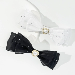 Elegant Multilayer Mesh Gauze Bow Hair Clip Heart Artificial Pearl Rhinestone French Retro Spring Clip Women Fairy Hair Accessories