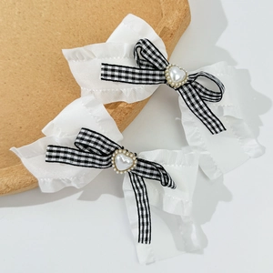 Japanische Lolita Herz Haarschleifen mit schwarz-weißem Gingham und Spitze für Mädchen