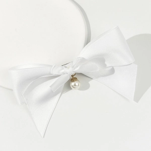 Elegant white satin bow hair clip with pearl pendant charm for women fashion style