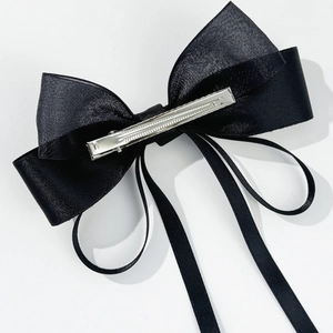 Elegant black satin ribbon bow hair clip with silver metal duckbill clip for women