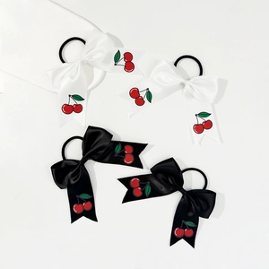 Sweet cherry print satin bow hair scrunchies set in black and white colors for girls