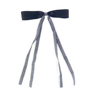 Sweet black satin bow hair clip with black and white gingham ribbon streamers
