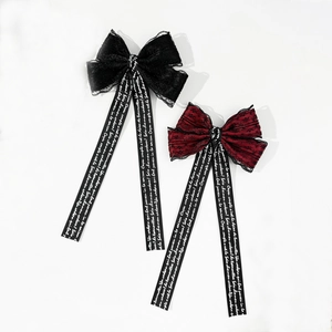Gothic Dark Lolita Bow Hair Clip With Long Satin Ribbon Lace French Letter Print Cool Style Hairpin For Women Party