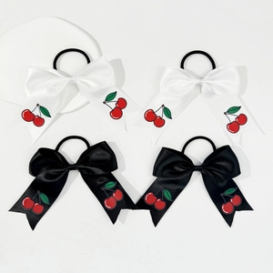 Sweet Korean Style Bowknot Hair Ties Satin Ribbon Cherry Print Elastic Ponytail Holders For Girls Women Hair Accessories