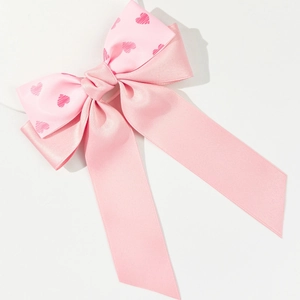 Barrette à nœud rose avec motifs de cœurs rouges et longs rubans pour filles
