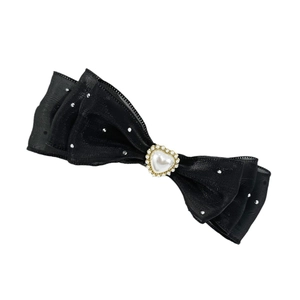 Three-layer black mesh bow hair clip with sparkling rhinestones and a heart pearl center