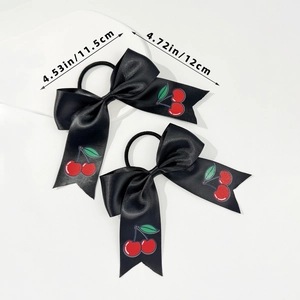 Detailed dimensions of sweet black bow hair ties with cherry patterns in 12x11.5cm size