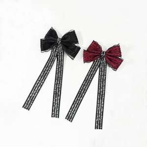 Gothic style lace bow hair clips with long letter printed ribbons in black and burgundy