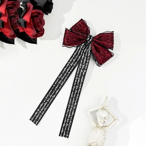 Dark gothic bow hair clip with crimson lace and black printed ribbons in Lolita style