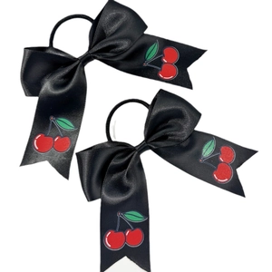 Sweet black satin bow hair ties with red cherry pattern for girls, set of two pieces