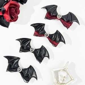 Gothic Halloween bat wing hair clips with lace bows and heart-shaped rhinestones