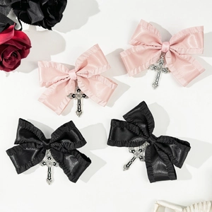 Japanese Gothic Lolita Cross Bow Hair Clip Dark Sweet Cool Style Ribbon Duckbill Clip For Women Party Hair Accessories