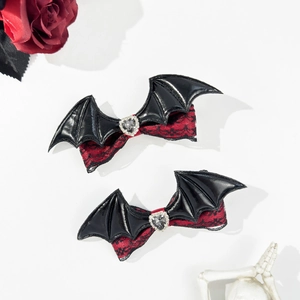 Gothic bat wing hair clips with red lace bow and heart crystal for Halloween cosplay