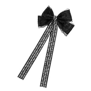Dark gothic lolita hair clip featuring black lace bows and printed ribbon streamers