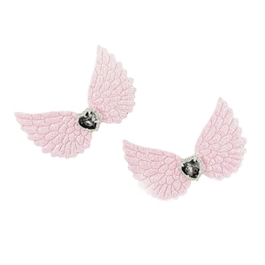 Gothic pink glitter angel wing hair clips with rhinestone heart center on white background