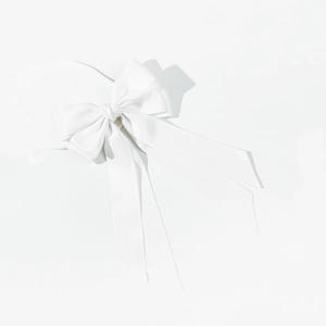 Elegant double-layered pearl white satin bow hair clip with long ribbon streamers