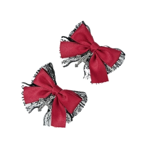 Barrettes nœuds satin bordeaux Gothic Lolita avec dentelle noire et pendentif croix