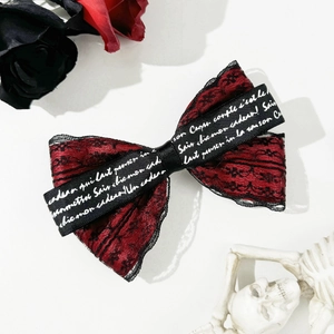 Gothic dark red lace and black ribbon bow hair clip with decorative lettering