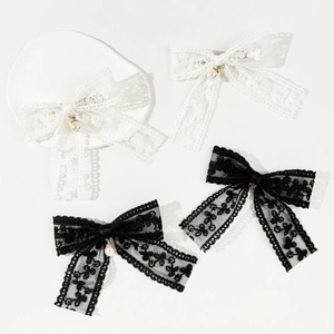 French vintage lace bow hair clips with pearls in black and white set for women