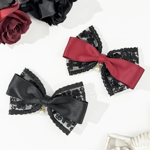 Vintage Gothic Satin Lace Bowknot Hair Clip With Faux Artificial Pearl Pendant Elegant Lolita Duckbill Clip Hair Accessories For Women