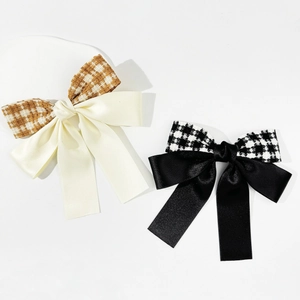 Retro Houndstooth Bow Hair Clip For Women Ribbon Satin Webbing Handmade Academy Style Duckbill Clip Hair Accessories