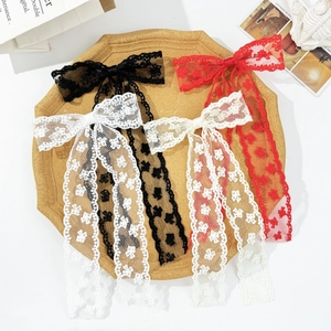 Set of lace bow hair clips with long streamers in black, red, white and beige colors