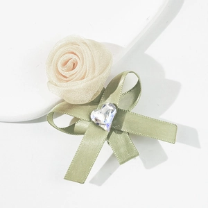 Pinza para el pelo con rosa de organza lazo verde y cristal de corazón para mujer