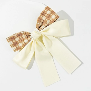 Elegant houndstooth and beige satin double layer bow hair clip with long ribbons