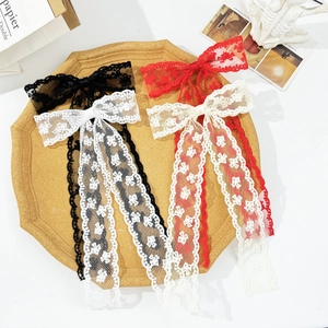 French Elegant Lace Bow Hair Clip With Long Streamers Handmade Butterfly Pattern Duckbill Clip For Women Girls Hair Accessories