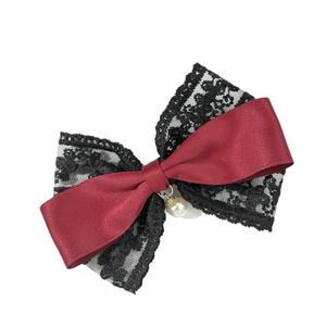 Vintage dark red bow hair clip with black lace layers and white pearl drop decoration