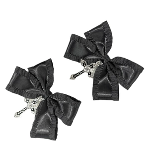 Black silk bow hair clips with silver cross pendant in gothic lolita style set