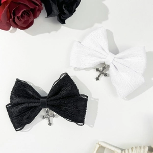 Gothic Lace Bow Hair Clip With Metal Cross Pendant Sweet Cool Lolita Style Hair Accessories For Women Party Halloween Decor