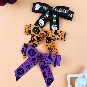 3-pack Halloween grosgrain ribbon hair bows with spooky ghosts and pumpkins prints